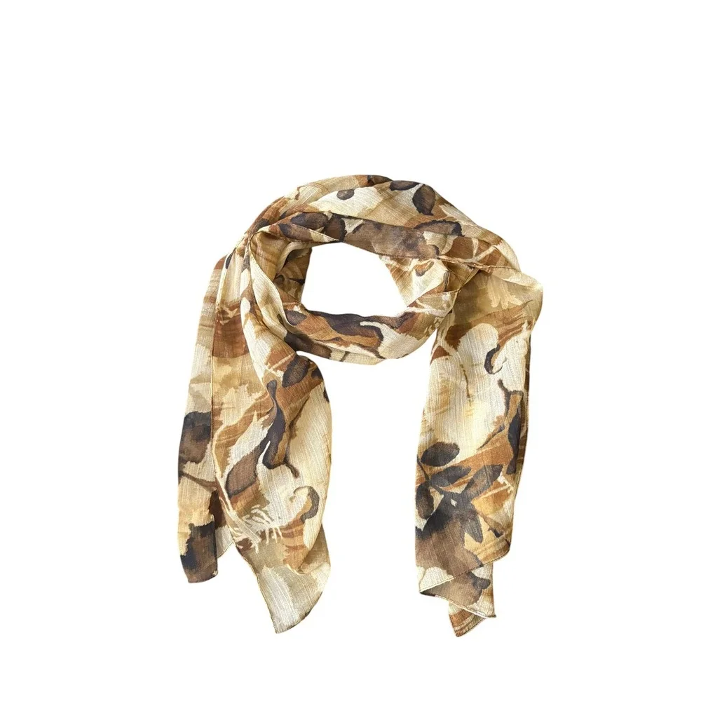 Womens Brown Beige Floral Oblong Scarf Lightweight Sheer 58x12 Boho